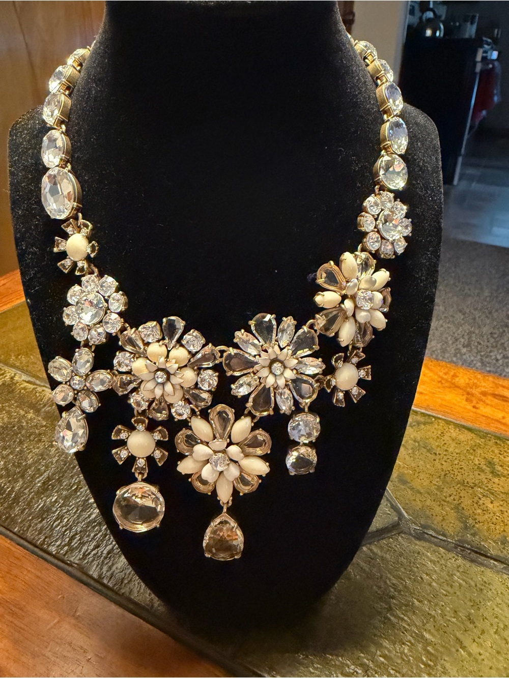 NWOT J. Crew Statement Crystal & Cream Floral Bib Necklace